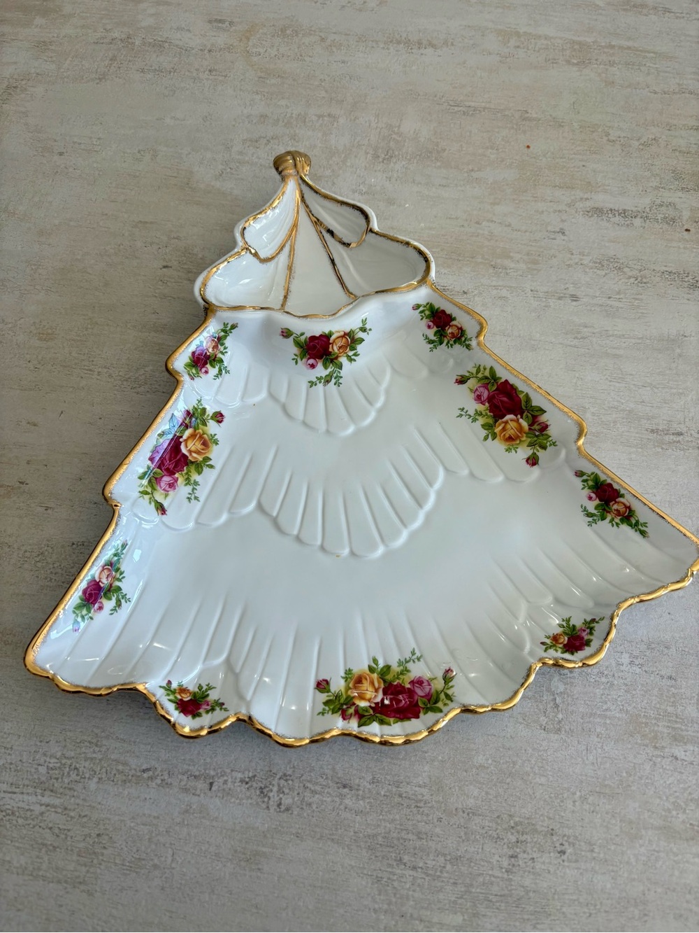 Porcelain Holiday Tree Serving Dish with Gold Trim Royal Albert old country rose